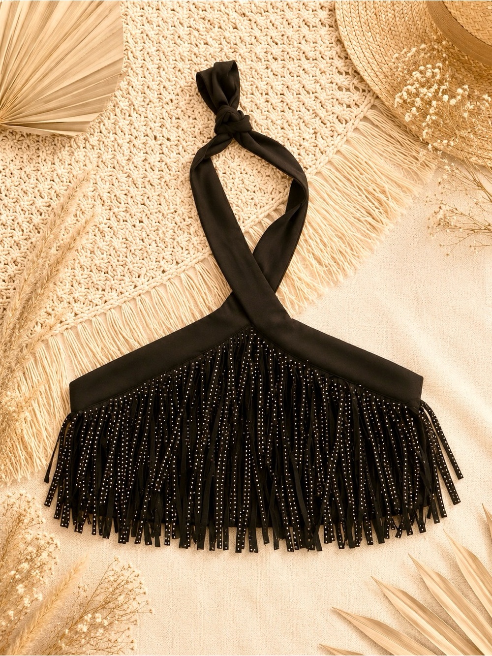 SHEIN Black Rhinestone Fringe Halter Crop Top